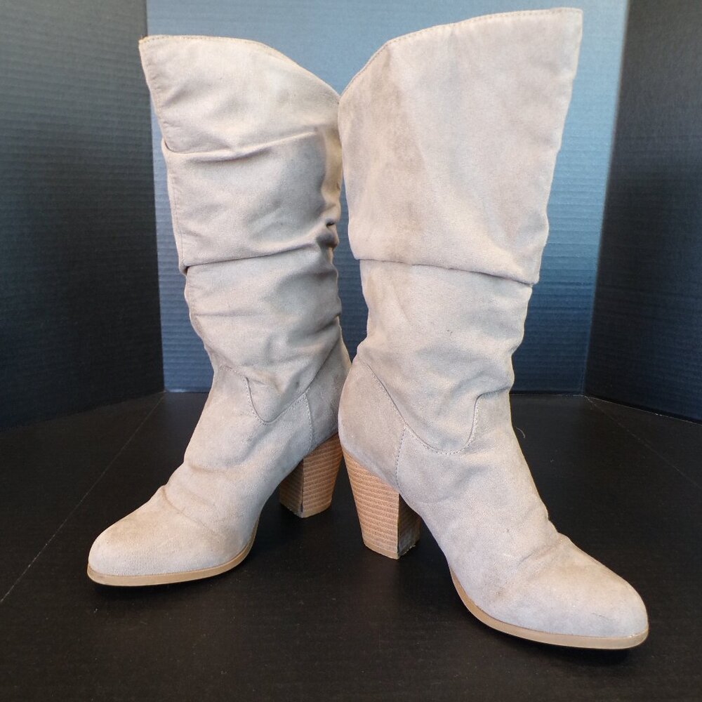 Rampage Venice Slouch Heeled Boots Mid Calf Gray Tan Womens Size 7.5M